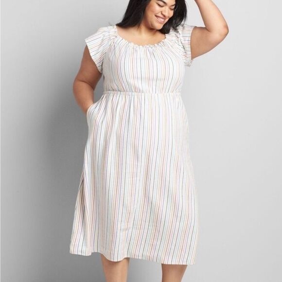 Lane Bryant Striped On Off Shoulder Linen Blend Midi Dress Size‎ 14/16 Rainbow - Picture 1 of 12